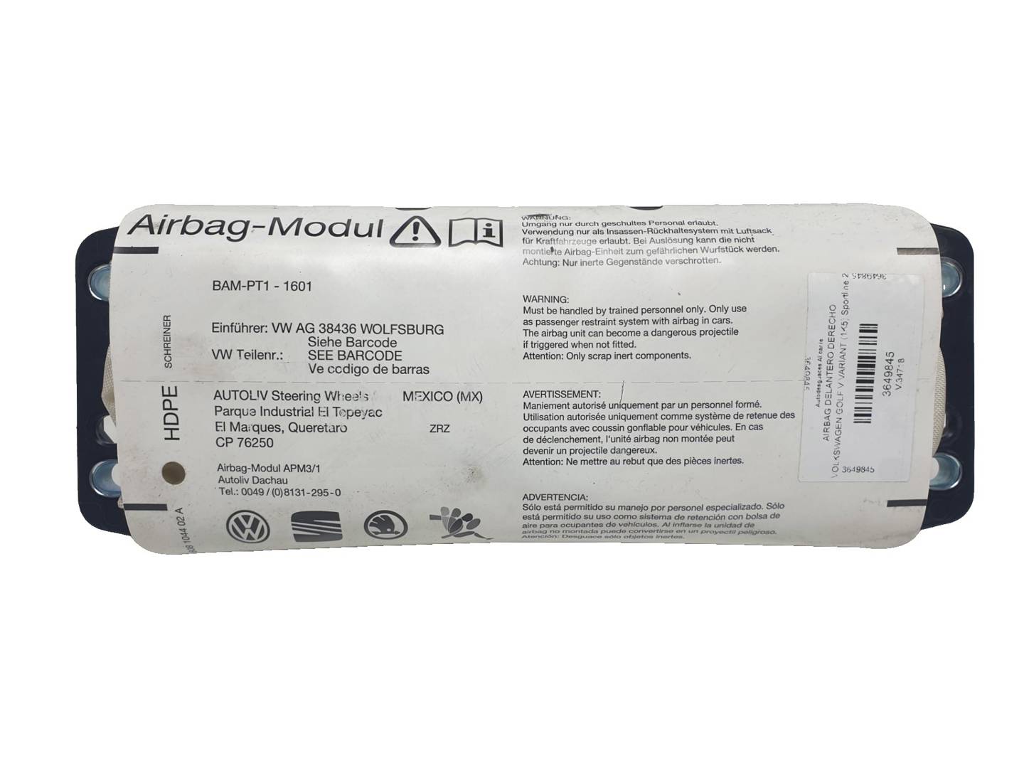 AIRBAG DELANTERO DERECHO - VOLKSWAGEN - GOLF V VARIANT (1K5)